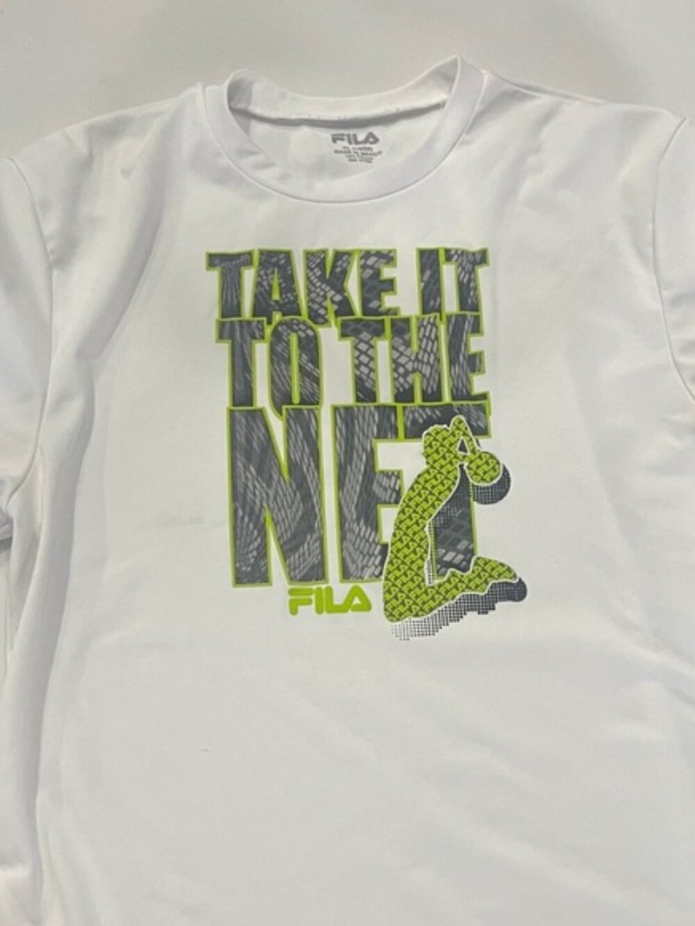 Fila White Short Sleeve Tee with Neon Green & Gray Graphic Take it to the net